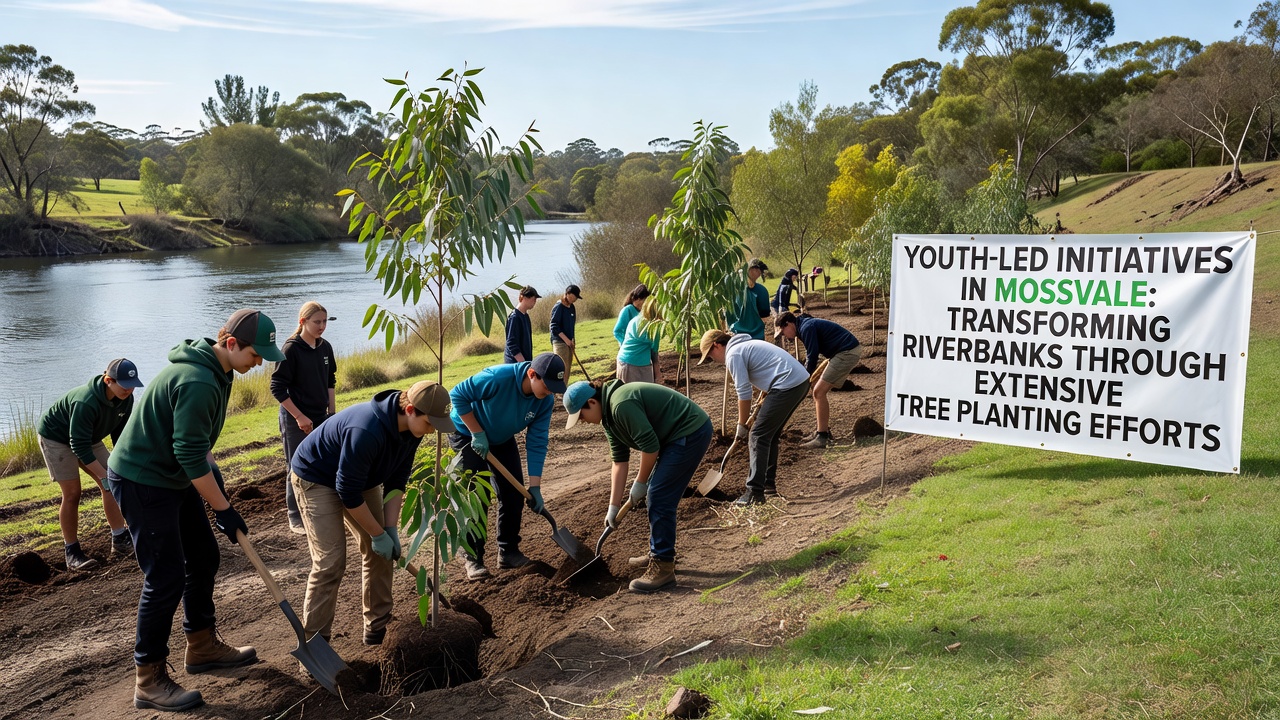 Aerial view of newly planted tree rows along the Mossvale river corridor with volunteers visible in the distance